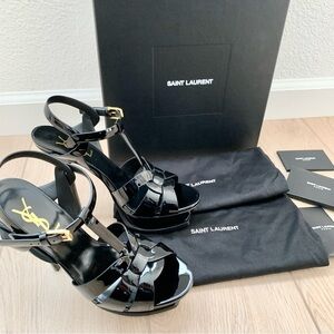 YSL Black Patent Leather Tribute 105 Platform Heeled Sandals High Heels